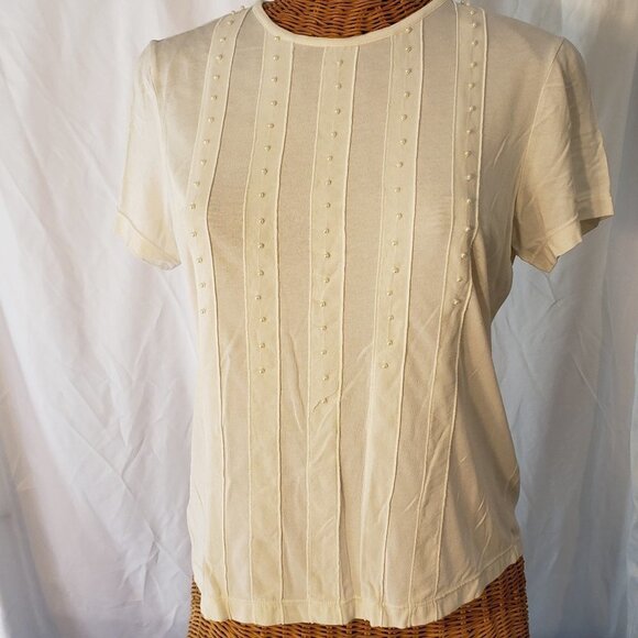 Ladies ALFANI Silk Blend Short Sleeve Top w/Seed Pearl Decoration in Ivory - M - Picture 1 of 4